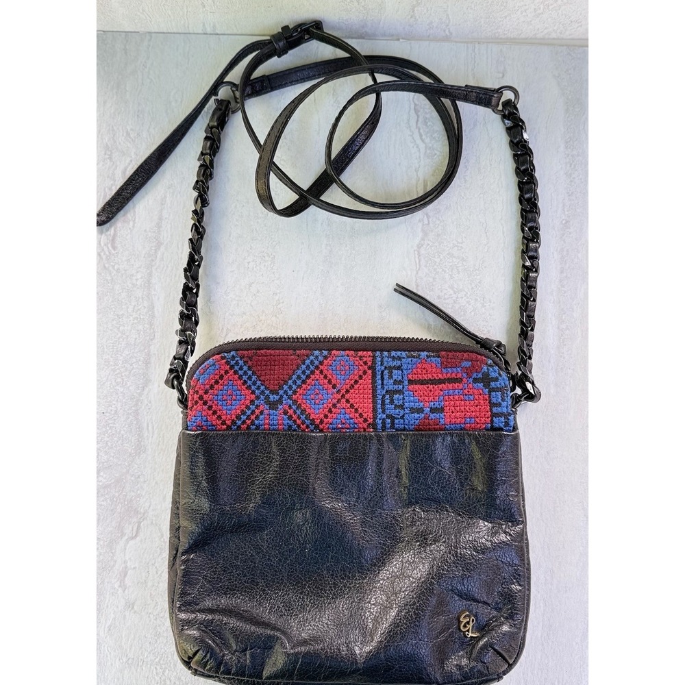 ELLIOTT LUCCA Black Leather Crossbody‎ Bag Tapestry Design Chain Strap #861